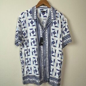 Postmarc Geometric Tile Print Shirt Mens XL Blue White NWT Linen Blend Resort